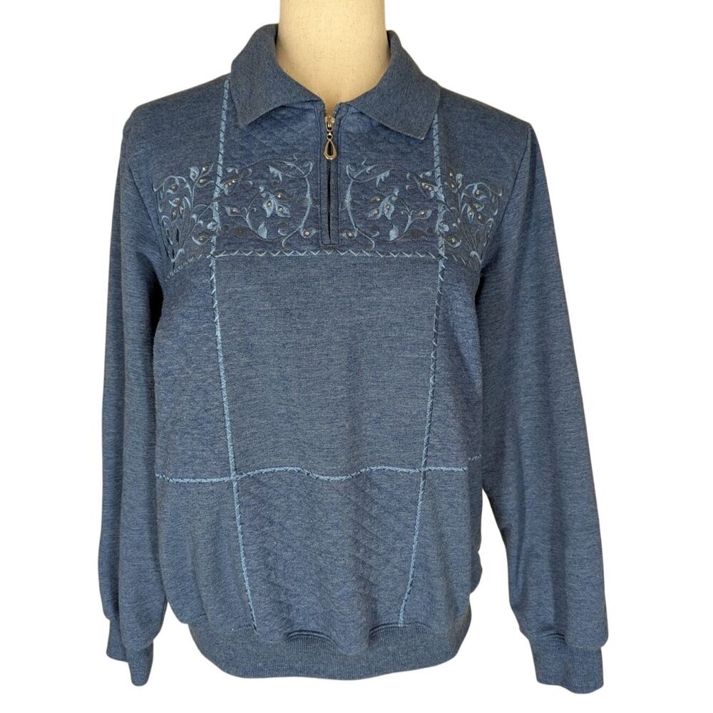 Alfred Dunner Collared Sweater Blue 1/4 Zip Floral Embroidered Size Medium